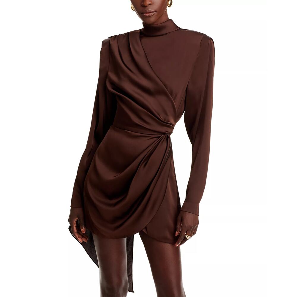 NWT Ronny Kobo Bianca Dress Chocolate Brown Draped High Neck Mini Dress - Size M - Picture 3 of 13